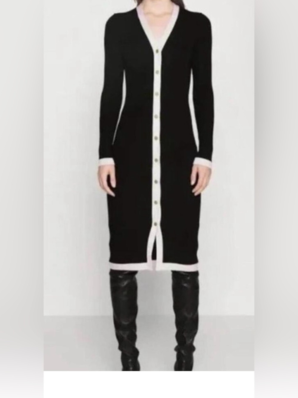 Alice + Olivia Black Midi Cardigan Dress with White Trim